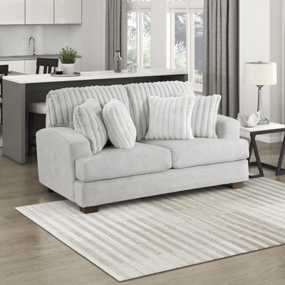Soliz 69.5" Modern & Contemporary Textured Microfiber and Corduroy Loveseat with Reversible Cushions, 4 Included Pillows & Dark Brown Wood Legs