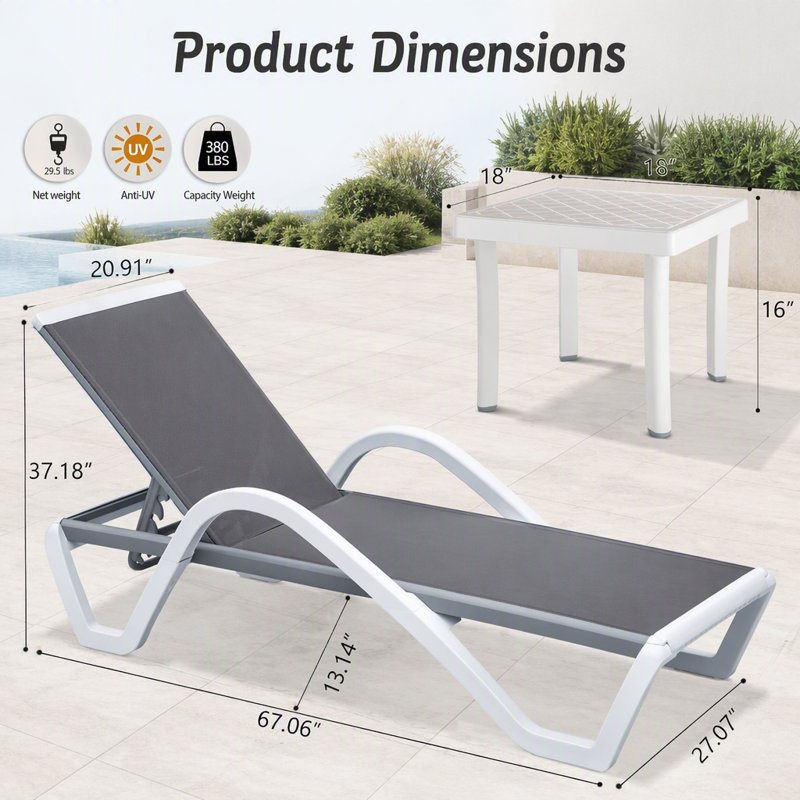 Adjustable Aluminum Patio Chaise Lounge With Armrest And All-Weather Mesh,1 Lounge Chair+1 Plastic Table   Ideal For Poolside And Outdoor Relaxation