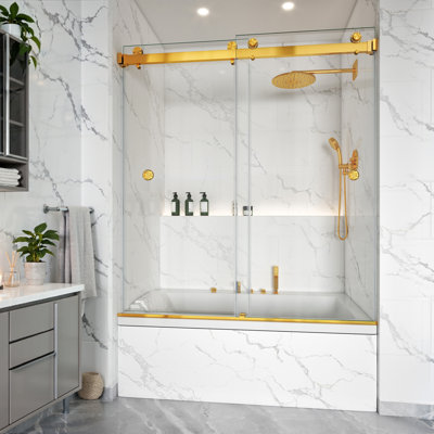 Porte de douche Kavrton de 56 à 61 po x H 66 po sans cadre Kavrton, porte de douche coulissante double en or brossé, verre trempé clair certifié par la SGCC de 3/8 po (10 mm) avec 2 poignées