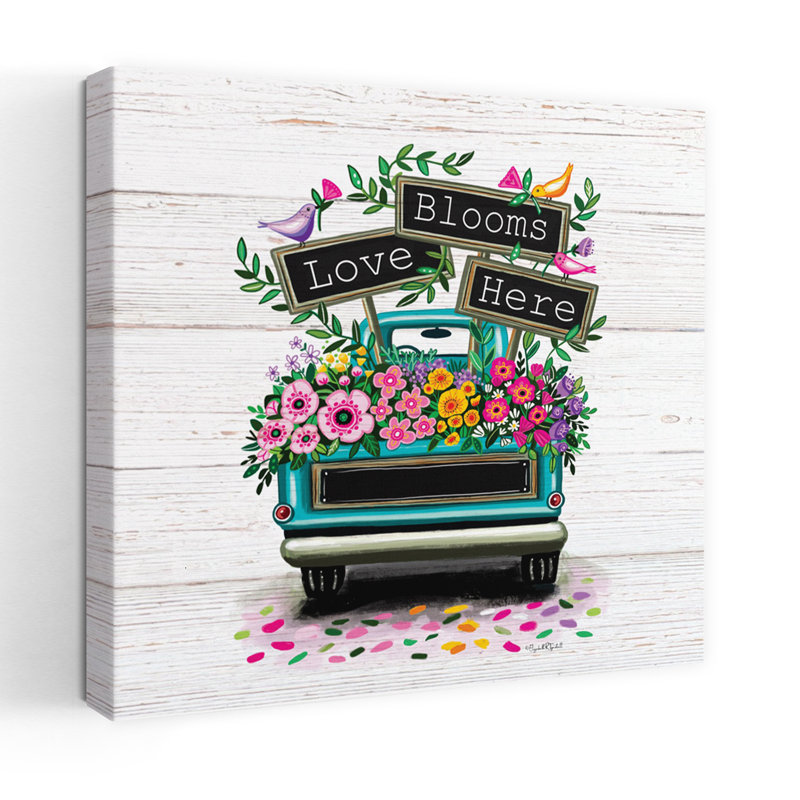 «Love Blooms Here Truck», art typographique floral contemporain, H 36 po x l 36 po
