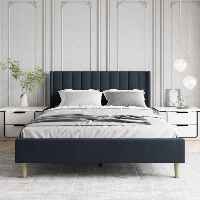 Upholstered Wingback Bed, Queen, Light Gray