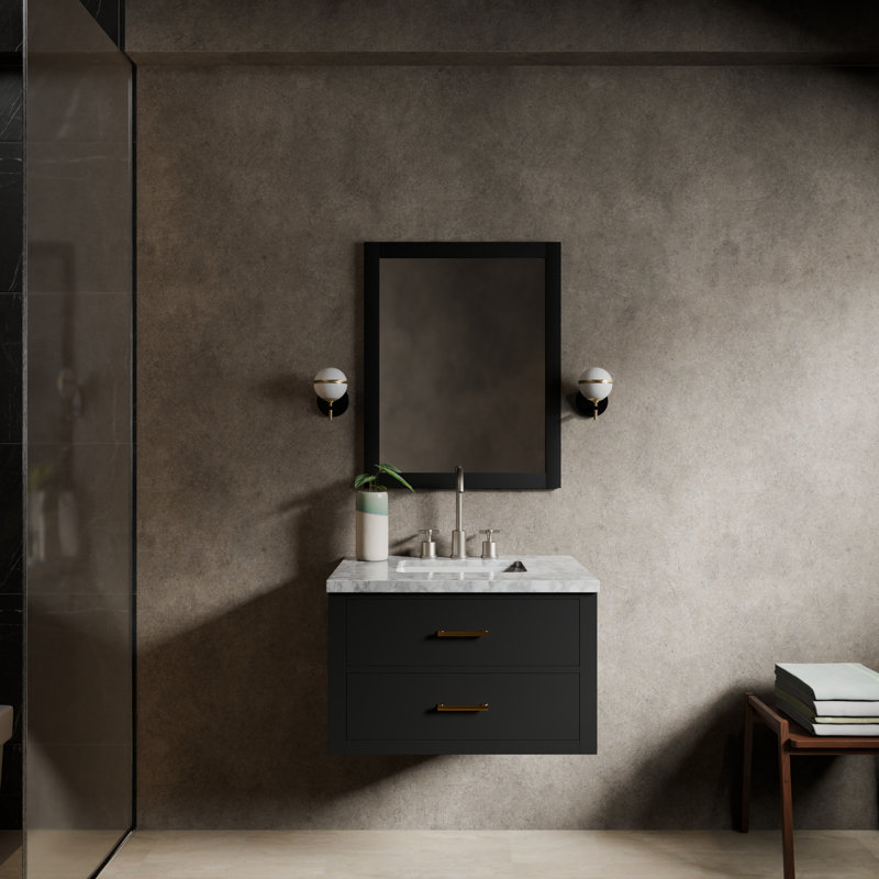 Ensemble de meuble-lavabo simple l 30 po x P 22 po, miroir 28 po et robinet chromé Castor, Noir, Marbre de Carrare blanc