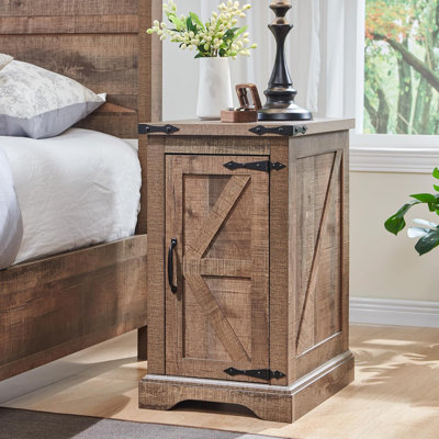 Rasema Farmhouse End Table with Charging Station, Wood Nightstand with Adjustable Shelf, Built-In Outlets