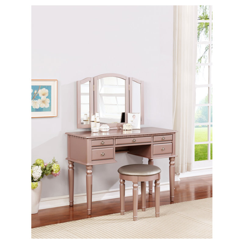 Ensemble de coiffeuse avec miroir pliable, tabouret rembourré et tiroirs de rangement Contemporary