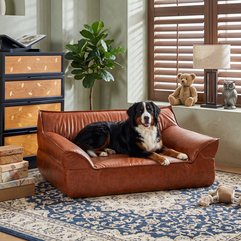 Canapé-lit de luxe en cuir brun pour animaux de compagnie, chaise longue d'intérieur pour chiens de taille moyenne et grande pesant jusqu'à 70 lb, meubles de repos faciles à entretenir