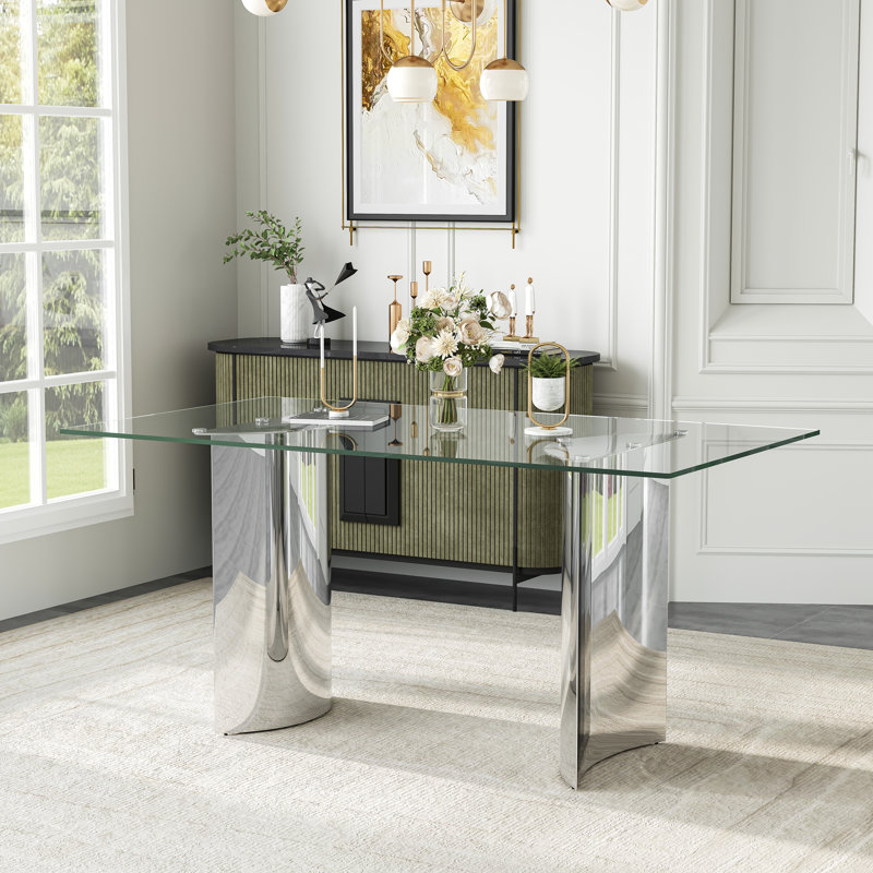 Modern Glass Dining Table Set, 63" Tempered Glass Top With PU Leather Upholstered Cantilever Chairs And Backrest Pull Ring