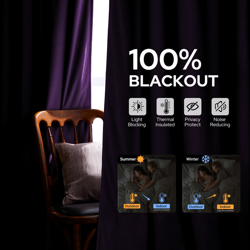  100% Blackout Velvet Curtains, Thermal Insulated Noise Reduction Window Panels with Rod Pocket & Back Tab, Purple