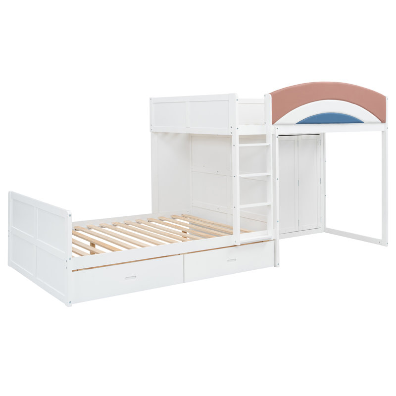 Lit superposé double pleine grandeur 136,8 x 57,6 x 63 pouces en bois d'ingénierie avec lit garde-robe simple blanc avec garde-corps rembourré et tringle de suspension intégrée