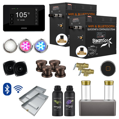 Ensemble de générateur de bain de vapeur à démarrage rapide 2 x 12 kW avec Bluetooth et double pompe à arôme en chrome poli Black Series