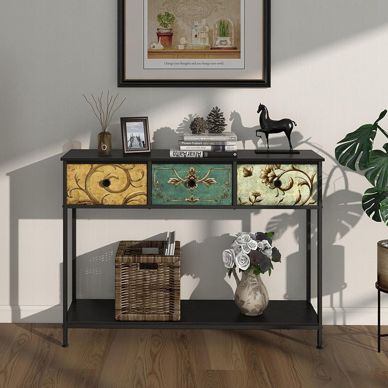 Black Metal Console Table with Retro Floral Fabric Drawers and Storage Shelf
