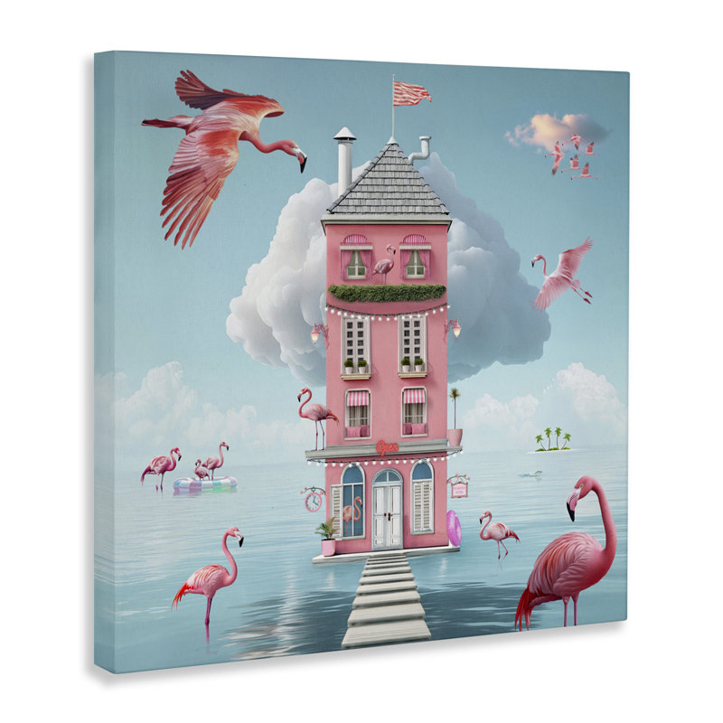 Flamingo Hotel sur toile aquatique, design par Lori Lea Studios, H 17 po x l 17 po