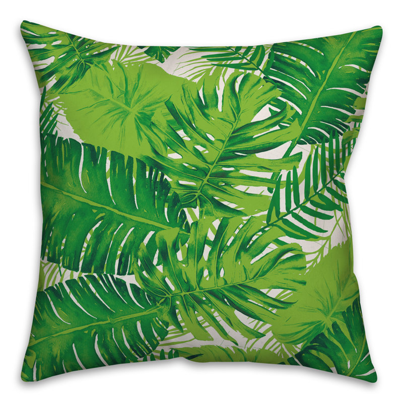  Coussin intérieur / extérieur Palm Leaf, Polyester/ Bourre en polyester, 16 po x 16 po, Vert feuille / Blanc cassé