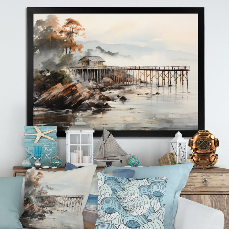 Pier Misty Morning Pier I sur impression sur toile, H 34 po x l 44 po x P 1,5 po, Cadre simple noir