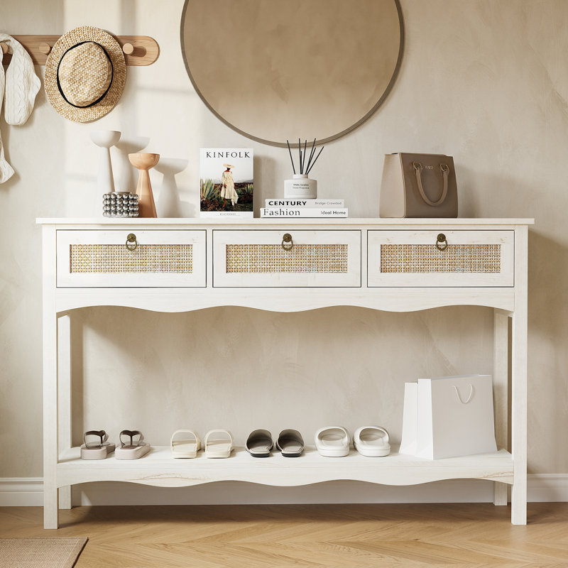 Console en rotin de 51 po avec motif ondulé et 3 tiroirs pour le vestibule