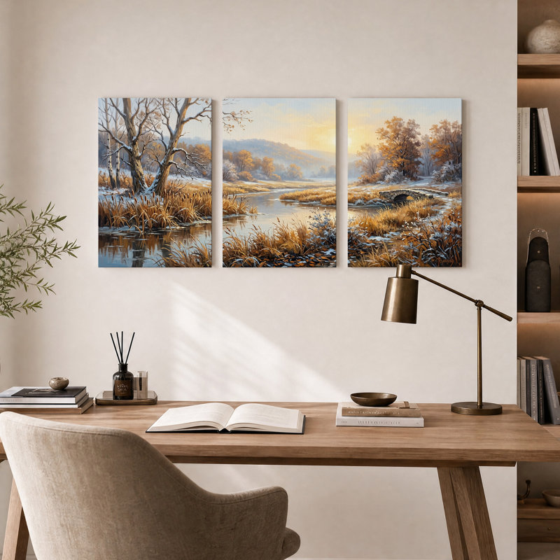 Ensemble de 3 toiles murales représentant un paysage de rivière enneigée avec un pont de pierre, 18"H x 12"W x 3pcs