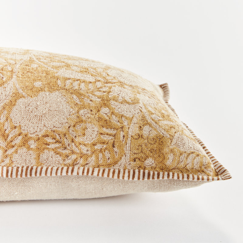 Jules European Flax Fiber Pillow Cover & Insert, Rectangle 14" H x 20" W, Piped Edge, Yellow/Floral