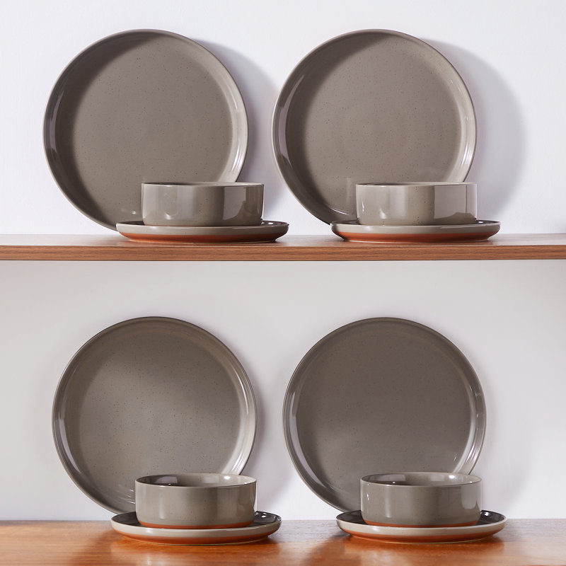 12 Pcs Ceramic Dinnerware Set, Plate And Bowls With Non Slip Base, White Stoneware With Specks, Dinner Plates, Dessert Plates And Bowls For 4 Person, Vertical Edge
