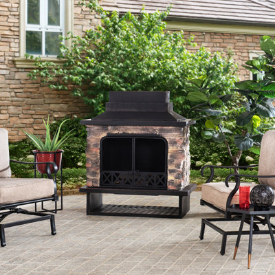 SUNJOY 42 in. Outdoor Wood-Burning Stone Fireplace with Chimney, Locking Mesh Doors, Removable Grate, Ash Tray and Fire Poker, Matte Black