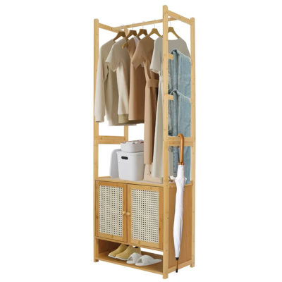 66.1 Inch Garment Rack With Cabinet Bamboo Clothes Rack, Clothes Rack Hanging, Wardrobe Closet For Entryway Bedroom