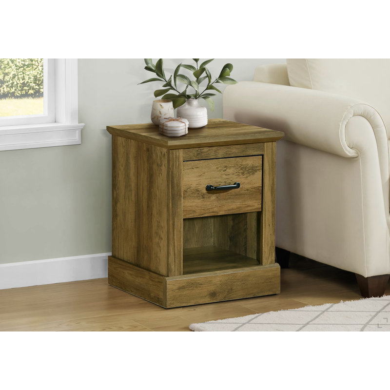 Table d'appoint, H 21 po, table de bout, tiroir de rangement, table de chevet, lampe, salon, chambre à coucher, stratifié de chêne brun foncé, transitionnel
