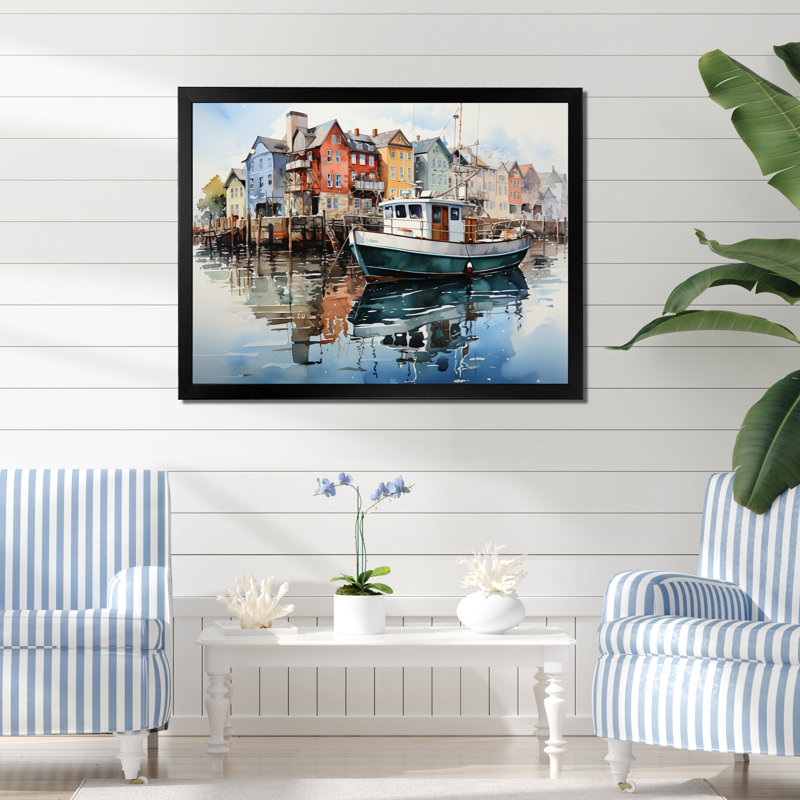 Port Port Reflections XVII sur toile, H 16 po x l 32 po x P 1 po, Cadre photo noir