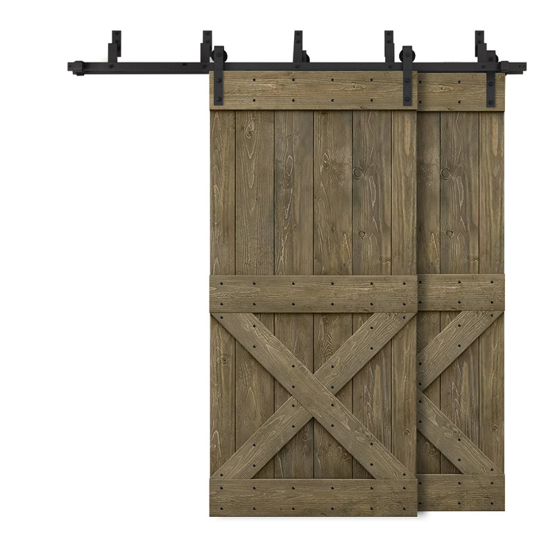 Porte de grange à double bricolage avec panneau coulissant en bois teinté Mini X Series, 64 po x 84 po, Tonneau vieilli