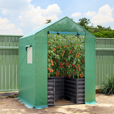 Serre avec jardin surélevé, boîte à fleurs en acier galvanisé de 56 po x 56 po x 75 po avec couvercle en PE, porte à enroulement et fenêtres, serre extérieure pour fleurs et légumes, gris foncé