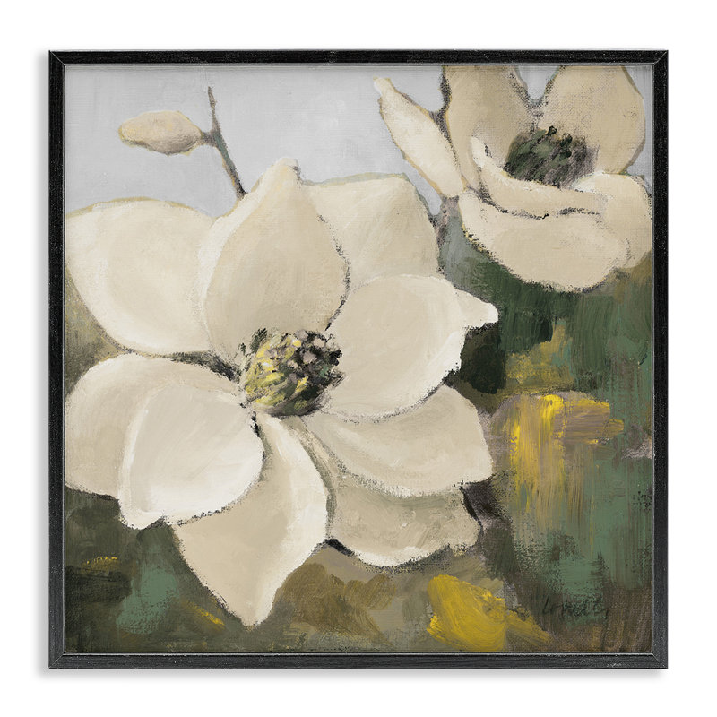 Deux fleurs de magnolia, estampe numérique encadrée par Lanie Loreth, H 12 po x l 12 po, Giclée encadrée noir minuit