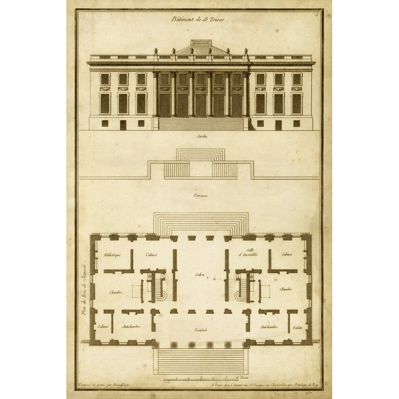 Vintage Building & Plan II by Deneufforge - Wrapped Canvas Art Prints, 91cm H x 61cm W x 3.8cm D