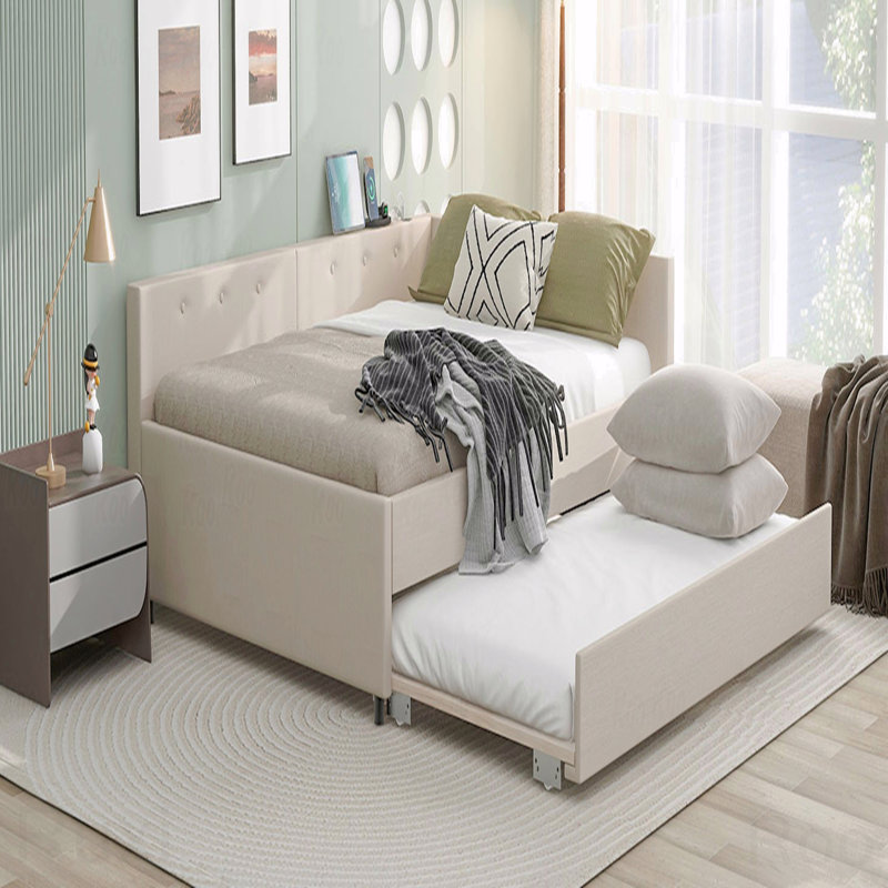 Queen Upholstered Platform Bed Frame, USB, Twin Trundle, Queen