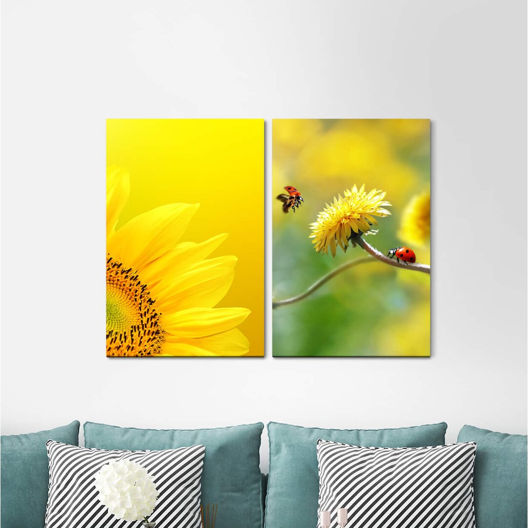 2-tlg. Leinwandbilder-Set - Fotografie „Sunflower Yellow Dandelion Ladybird Summer Warm”