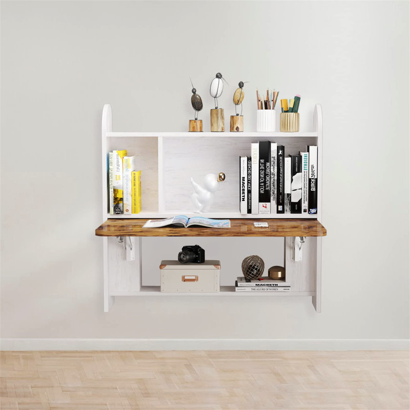 Wall Mounted Drop-Leaf Table, Floating Laptop Desk, Folding Table With Shelves, Multifunctional Computer Workstation With Storage Compartments In Home Office For Space Saving