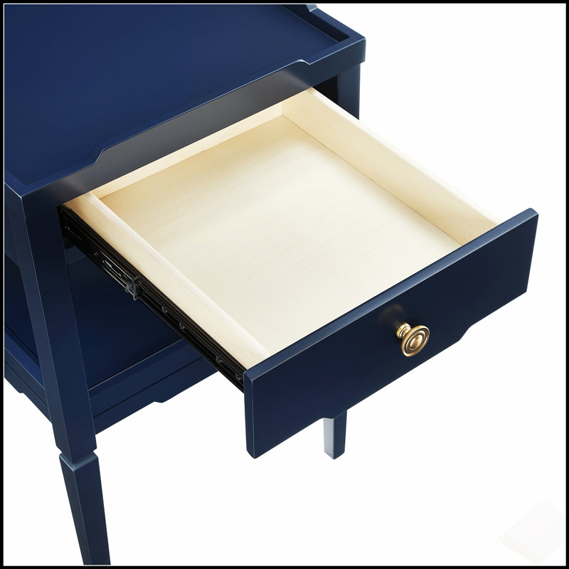 Table de chevet 1 tiroir Midnight Blue avec poignée dorée et tablette inférieure, parfaite pour un décor moderne Mid-Century.