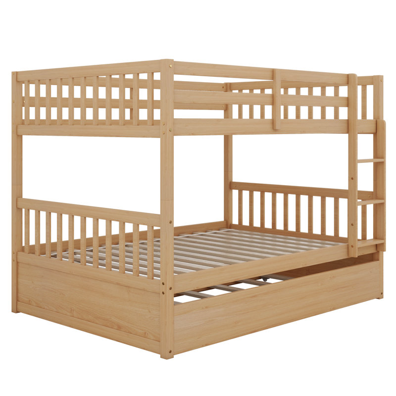 Full Over Full Rubber Wood Bunk Bed With Trundle, Ladder And Guardrails, White Oak