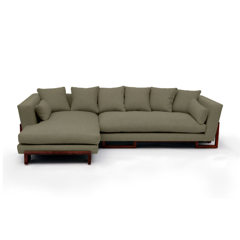 LRG Upholstered L-Shaped Sectional Left Hand Facing, Back Side Tray, Solid Walnut, Moss Linen Blend