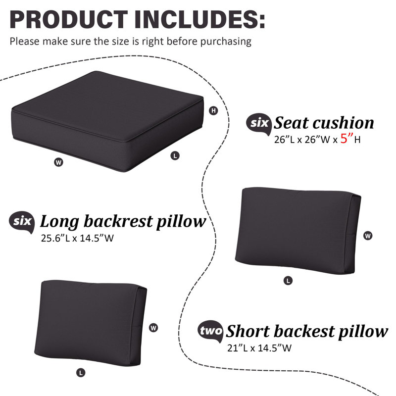 14-Piece Outdoor Replacement Cushion Set Seat/Back Cushion，26'' W X 26'' D，Only Cushions, Gray, 26" L x 26" W x 5" H
