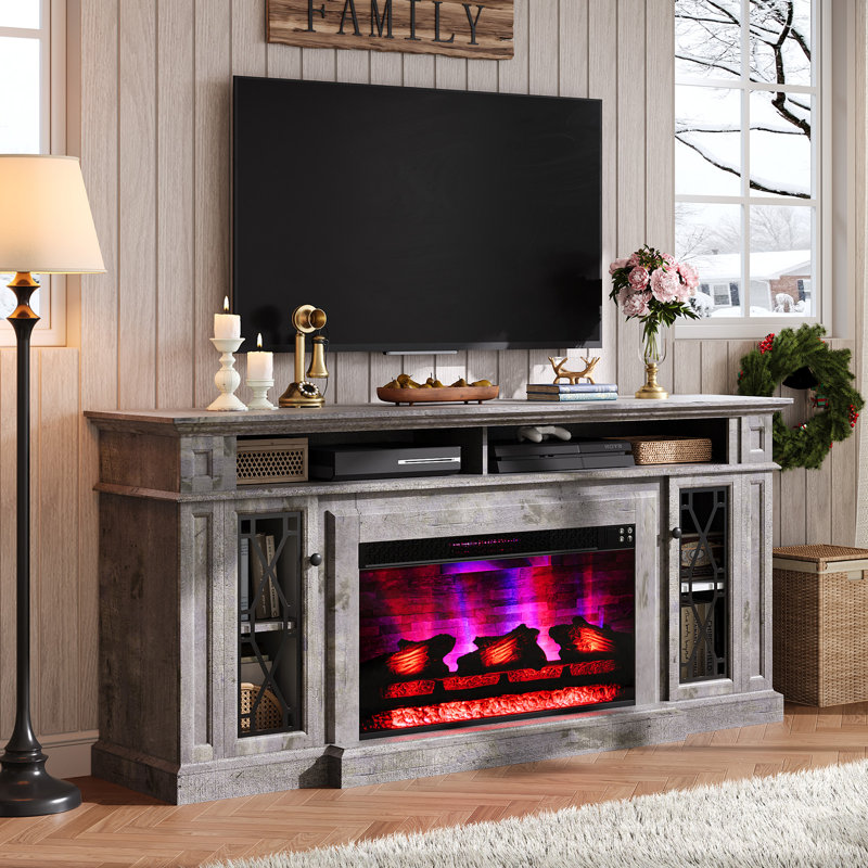 Keating 70" W TV Stand with 33" Electric Fireplace and Diamond Doors, Gray