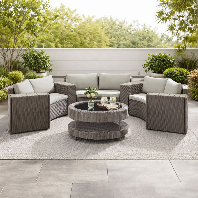Bogovic 6-Person Boho-Style Wicker Outdoor Sectional Seating Group With Cushions, Cream Cushion/Brown Frame
