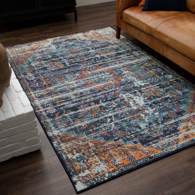 Mcphearson Oriental Polyester Tufted Navy/Pink Area Rug