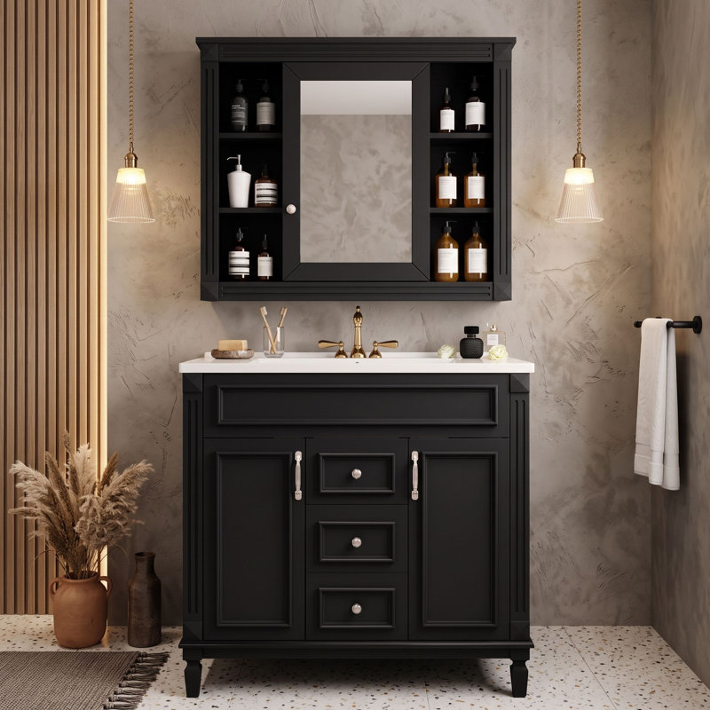 Ensemble de meuble-lavabo avec lavabo en céramique, armoire à pharmacie, 2 tiroirs et tablettes