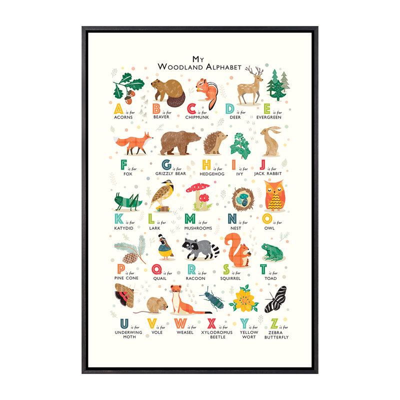 Alphabet des bois - impression, Toile avec cadre noir patiné, Pas de tapis, H 26 po x l 18 po x 1,5 po