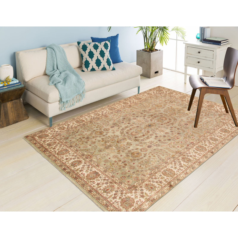 Baku Oriental Hand-Knotted Wool Light Green/Ivory/Brown Area Rug, Rectangle 7'10" x 9'10"