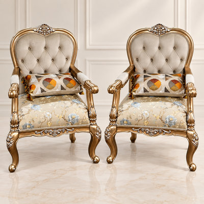 Luxury Tufted Velvet Armchair Set with Ornate Gold Solid Wood Frame