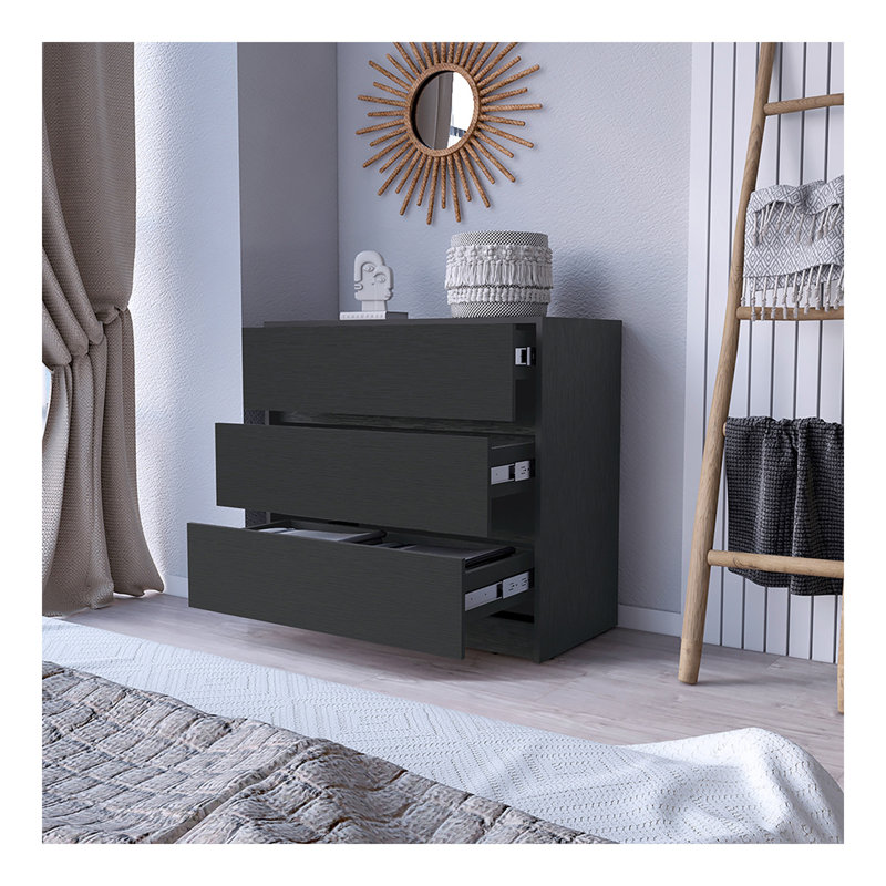 Commode Maldus, trois tiroirs, finition wengé noir