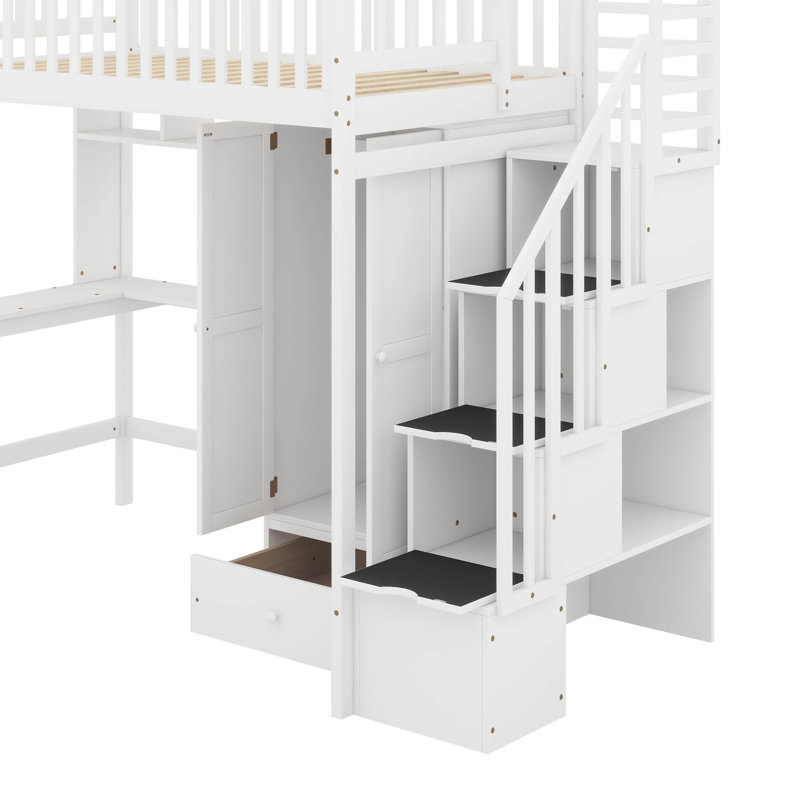 Lit mezzanine simple avec bibliothèque, tiroirs, bureau et garde-robe, Blanc