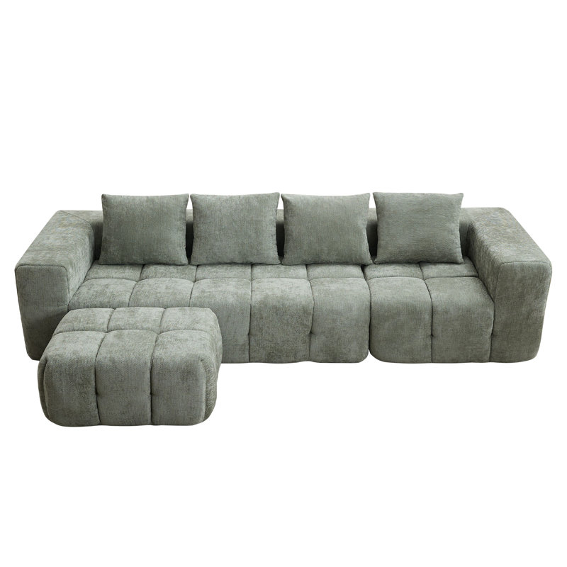 Modular Chenille Cloud Sofa, 3-Piece L-Shape Sectional with Ottoman, No Assembly, Green Chenille