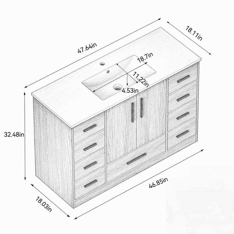 Meuble-lavabo de salle de bain avec rangement abondant, 2 portes à fermeture douce et 9 tiroirs pour une organisation élégante