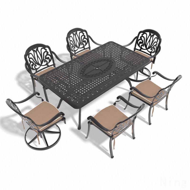 Ensemble de salle à manger 7 pièces en fonte d'aluminium toutes saisons comprenant 2 chaises pivotantes, 4 chaises et une table rectangulaire avec cadre noir