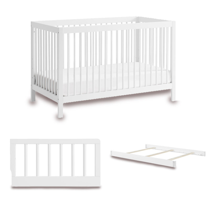 L'ensemble de chambre de bébé 3 pièces Essential comprend un lit de bébé convertible 4 en 1, une barrière de sécurité pour tout-petit et un ensemble de conversion pour lit double (blanc)