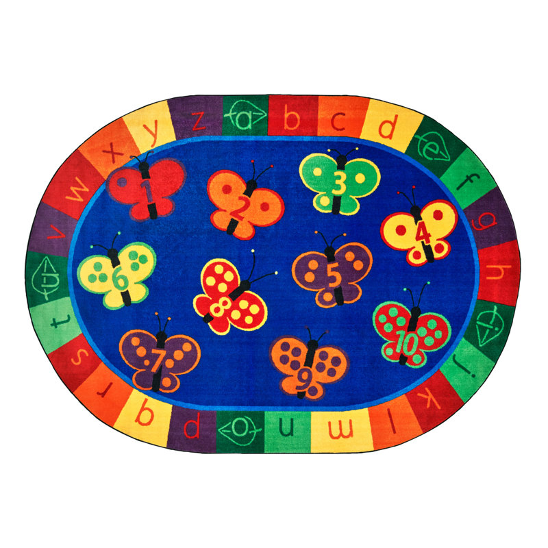Oval Blue Synthetic Non-slip Kids Learning Rug